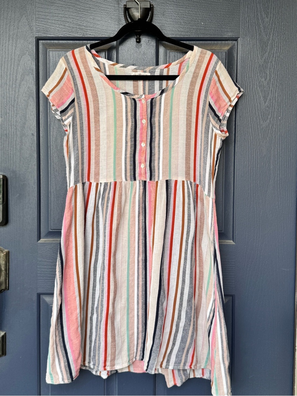 NATURAL LIFE Striped Short-Sleeve Button-Front Dress in Pink, Navy & Cream
